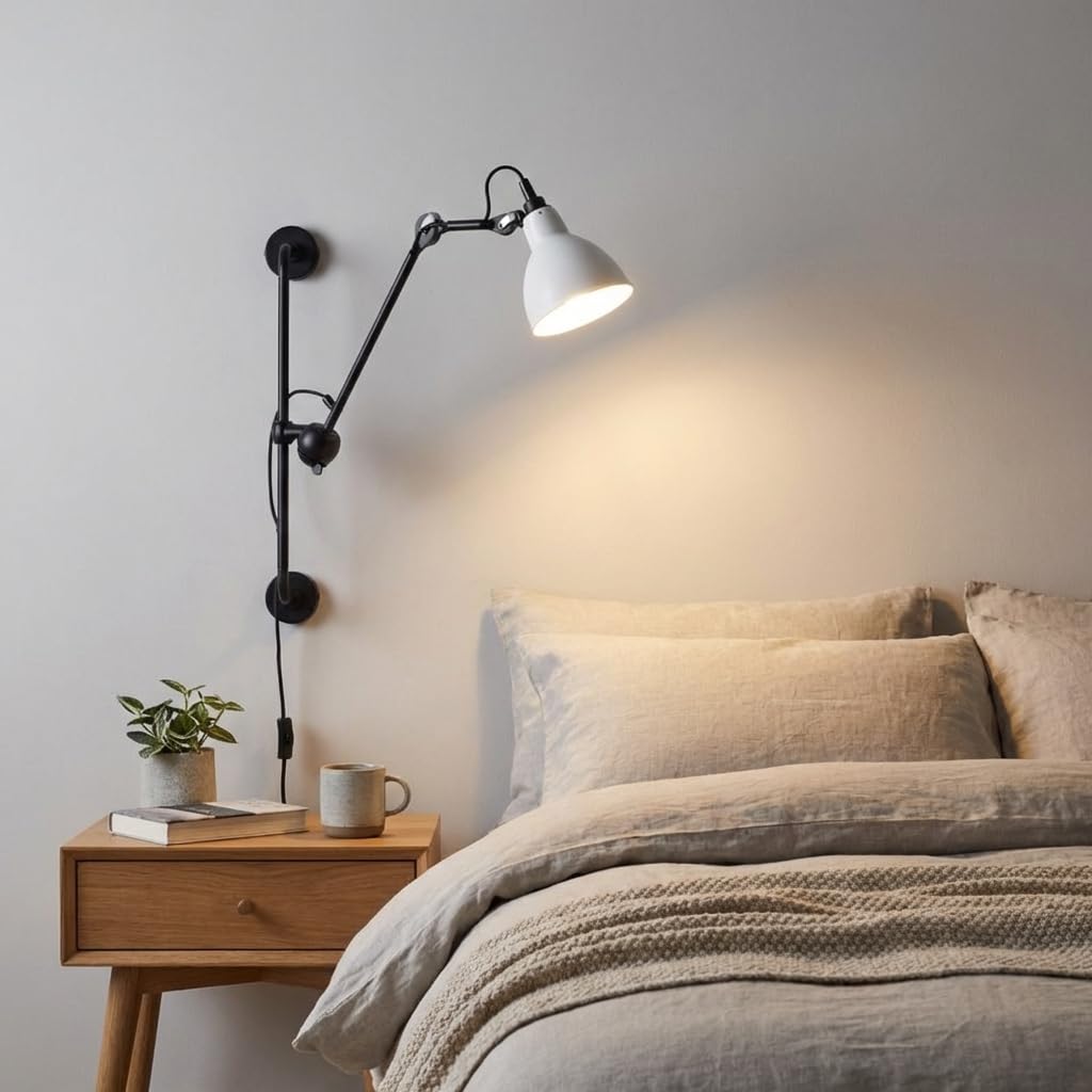 Aplique de pared articulado industrial RUBY 210 con enchufe E27, lámpara de pared orientable 360°, brazo ajustable estilo loft para dormitorio, estudio, oficina, salón o restaurante