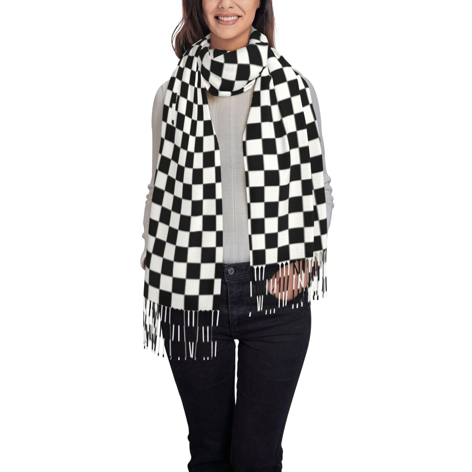 Fjqwklf Unisex As Pic Black And White Checkered Womens Scarf Classic Tassel Pashmina Shawls And Wraps Soft Fall Winter Warm Scarf