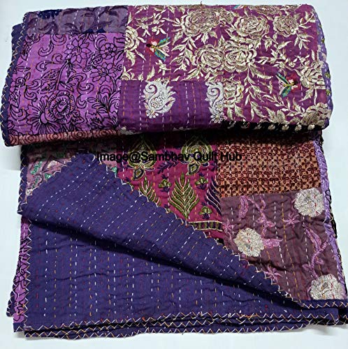 Sambhav Quilt Hub EMBRODIERY PATCHWORK Embroidery Handmade Vintage Silk Sari Jari Patchwork Khambhadiya Kantha Quilting Kantha Quilt Reversible Bed Cover Assoted Kantha Quilt Throw Blanket/Twin/Queen/King  thumb #1