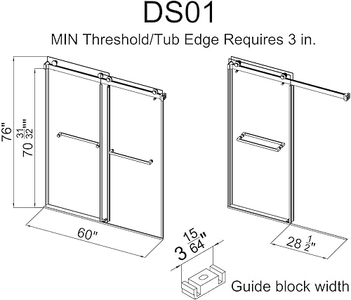 Miniatura 27 de Puerta de ducha sin marco, 56"-60" ancho x 79" H, ancho ajustable, certificado SGCC 3/8" (10 mm) vidrio templado transparente, puerta de ducha Mate