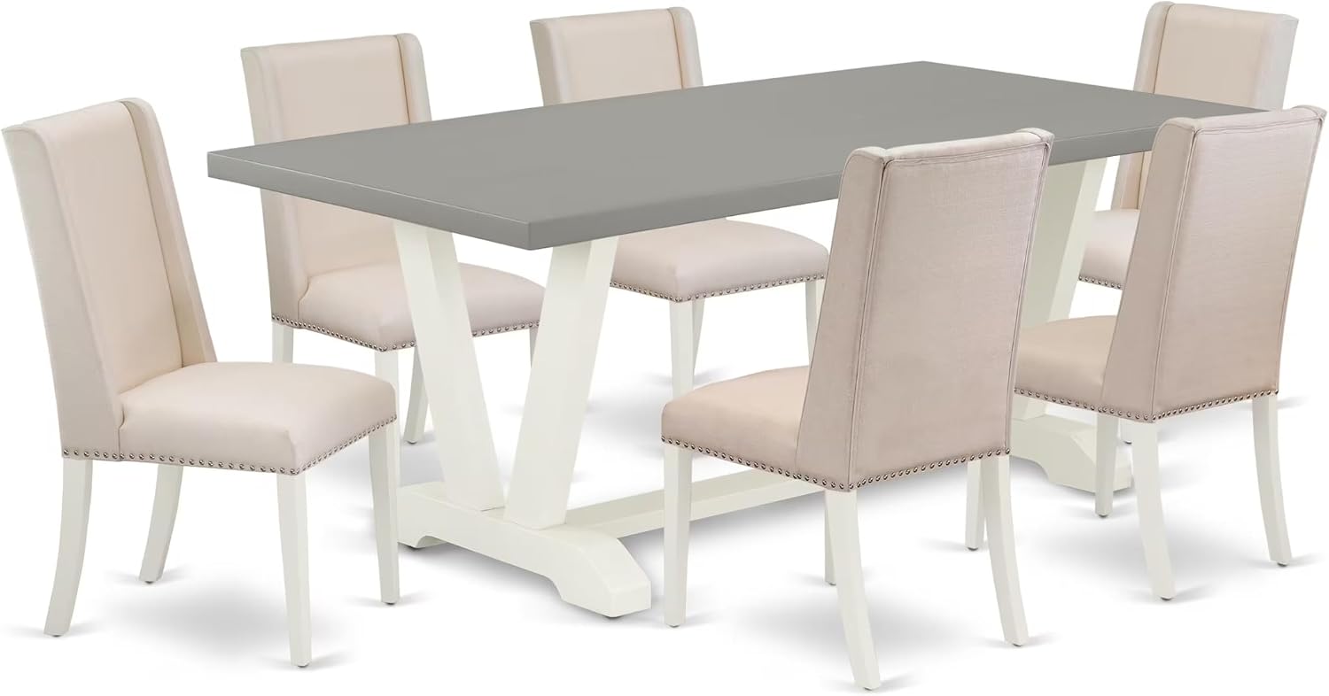 East West Furniture V097FL201-7 7 Piece Dining Set Consist of a Rectangle Dining Room Table with V-Legs and 6 Cream Linen Fabric Upholstered Parson Chairs, 40x72 Inch, Multi-Color