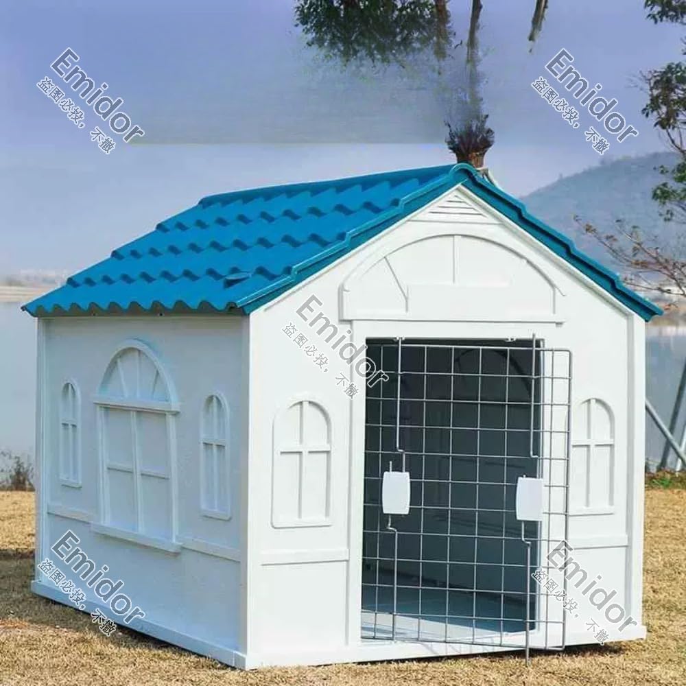 犬小屋、プラスチック製犬小屋、ペットハウス、98*84*82cm、屋根と鉄製のドア付き、通気性、防風性、防雨性、安定性と耐久性、組み