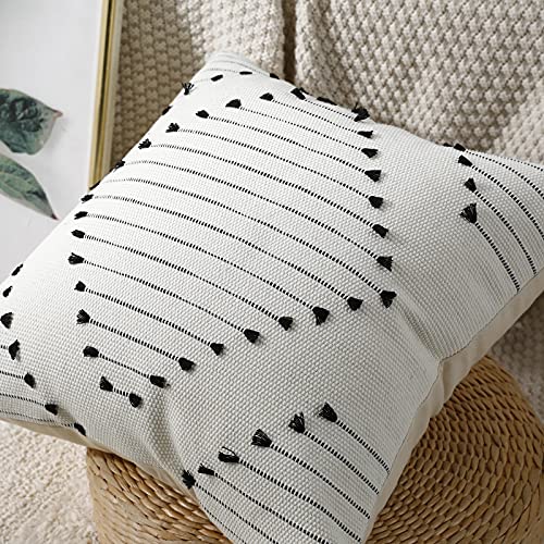 Panod Knitted Boho Tufted Throw Pillow Covers With Tassel 12X20 Inch, Decorative Indoor Outdoor Bohemian Lumbar Cushion Case Pillowcase For Couch Sofa Livingroom Car Farmhouse Black And Cream White #TOP2
