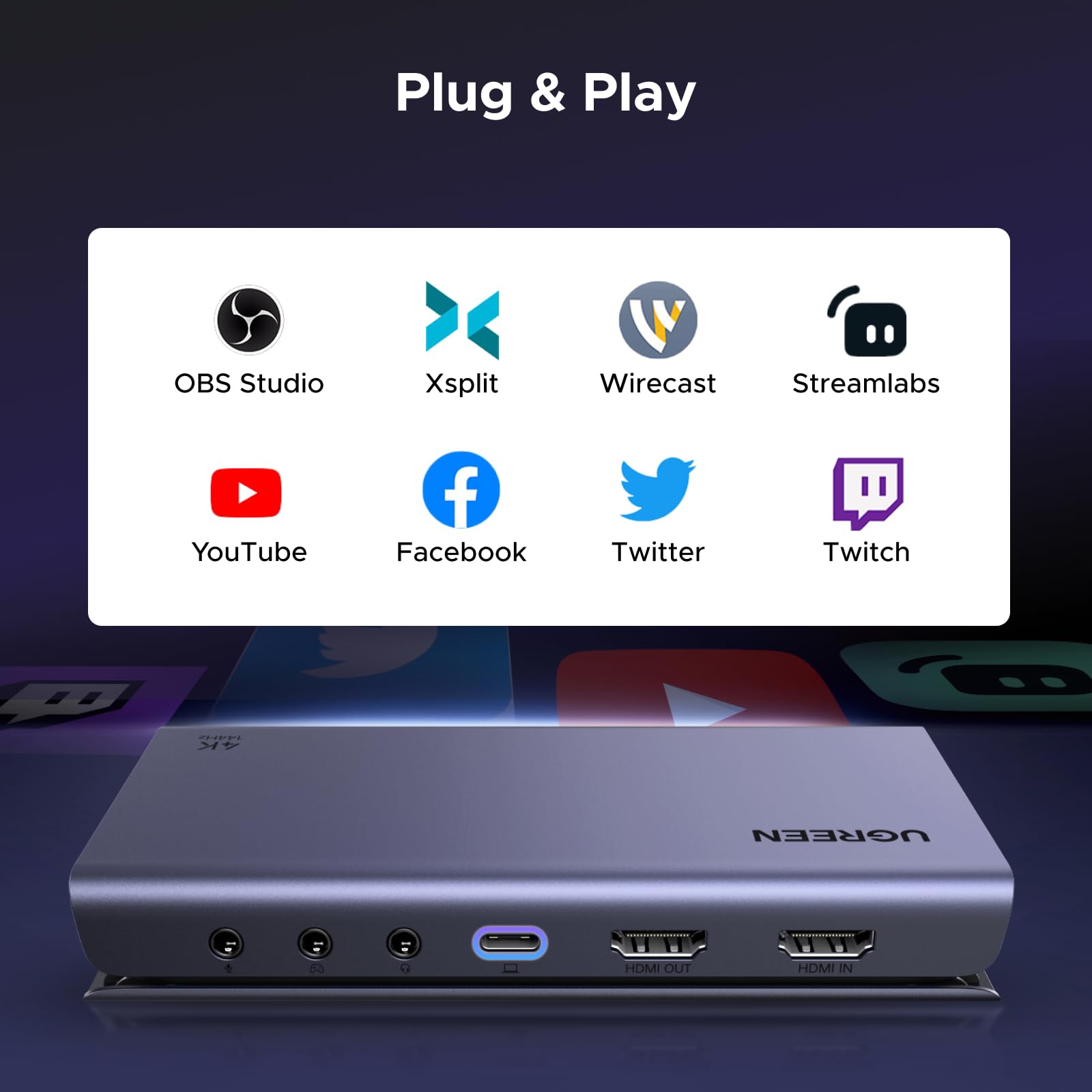UGREEN 4K 144Hz Carte Acquisition Vidéo HDMI 2.1 USB 3.2 Gen 2 Passthrough | 4K 144Hz en Streaming Carte de Capture Vidéo Sortie en Boucle Compatible with Switch 2 Xbox PS5 PC Caméra OBS XSplit