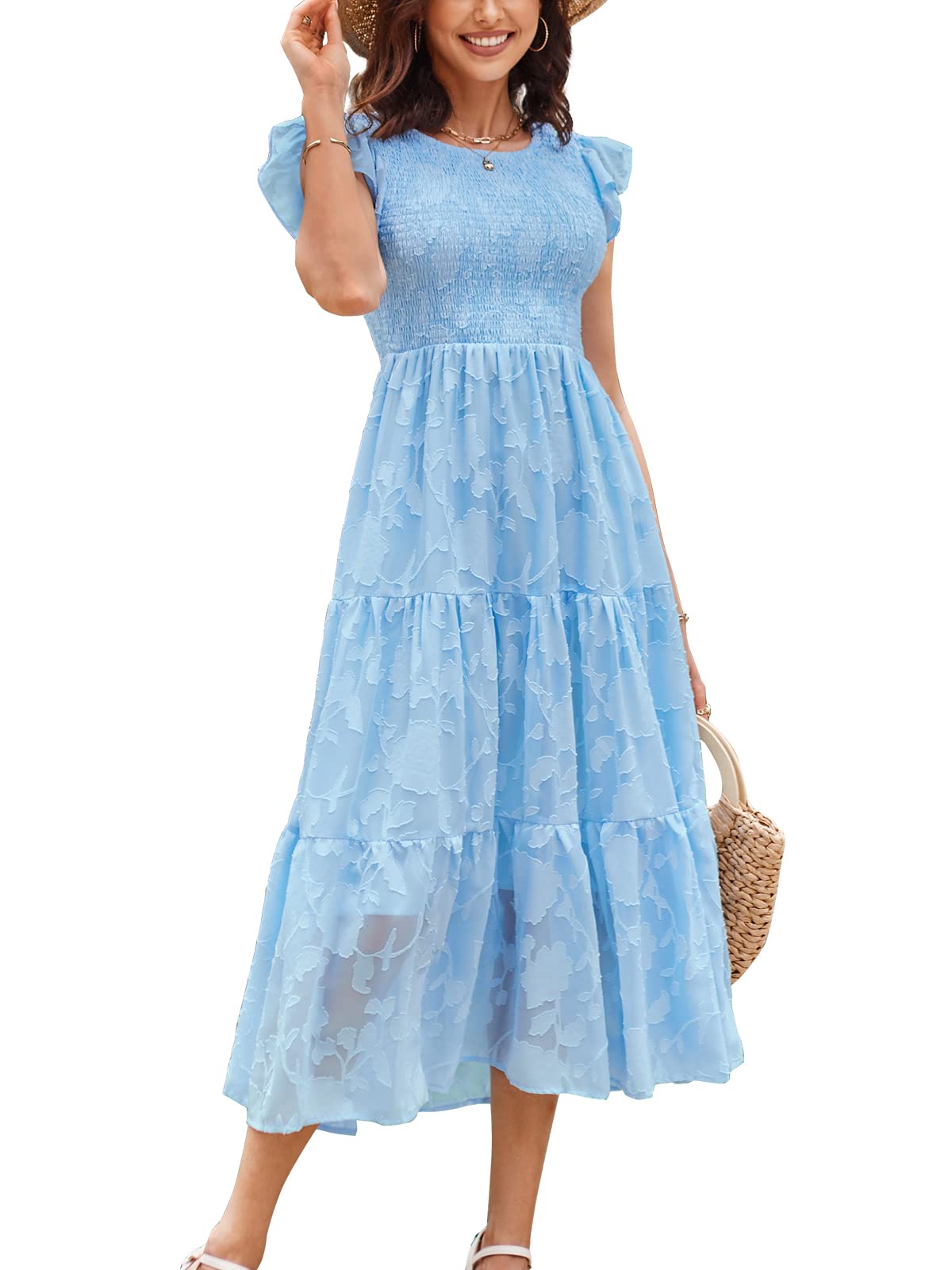 Women's Floral Maxi Dress - Summer Ruffle Sleeve Smocked Tiered Dress, Casual Beach Wedding Guest Outfit - View #4