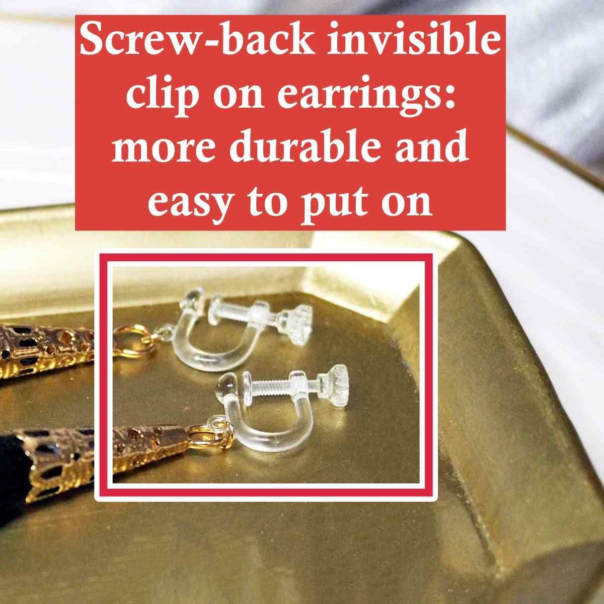 Dangle Red Wood Black Invisible Screw-Back Clip On Earrings for Women, Comfortable Green Gold Hoop Transparent Non Pierced Plastic Clip-On Earrings