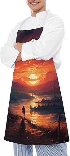 Miniatura 4 de Sunset Art Aprons Waterproof Cooking Kitchen Apron Unisex Adjustable Bib Apron with Pocket Restaurant Chef Works Aprons for Waitress Waiter