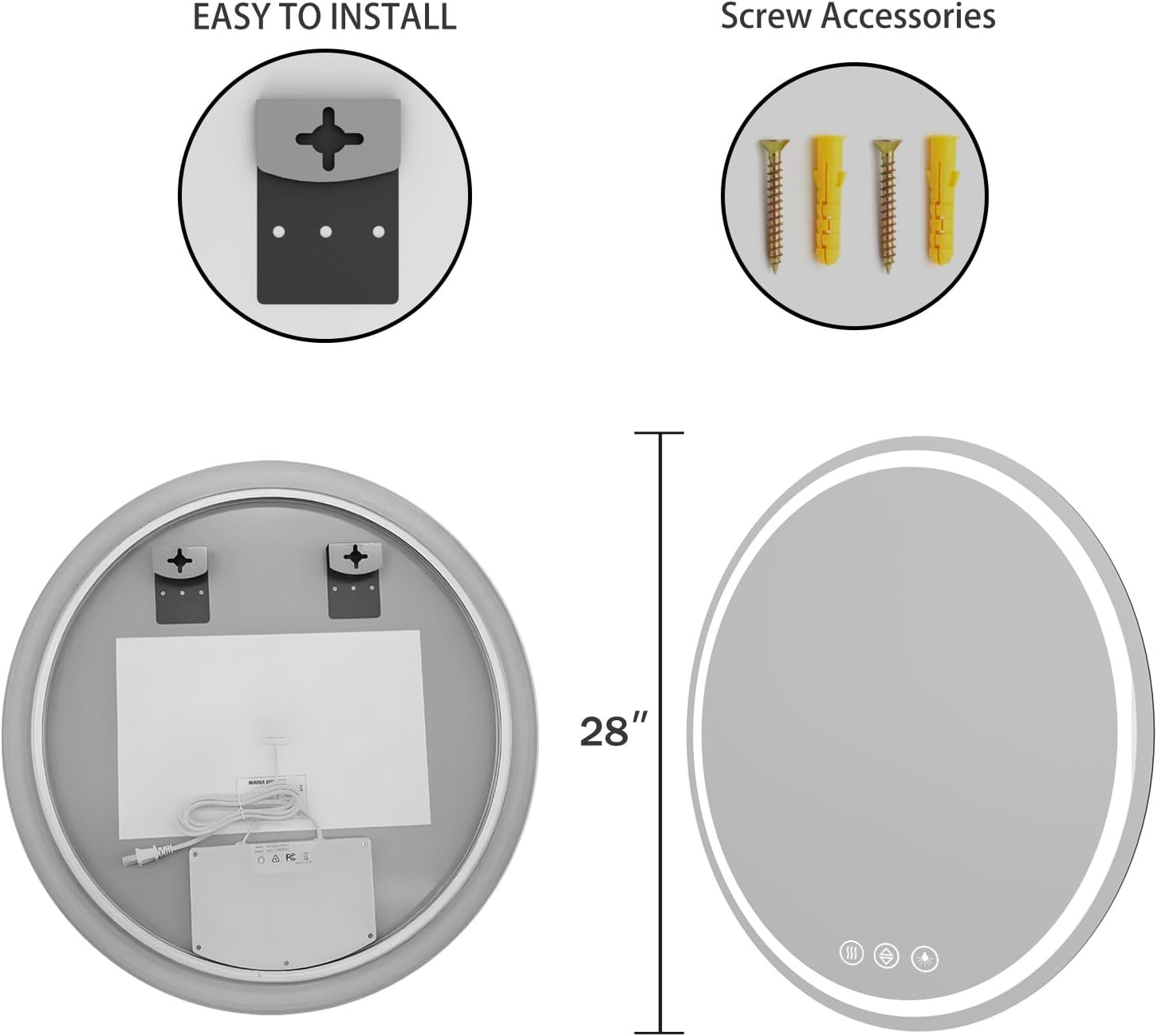 LED Bathroom Mirror 28 Inch Round Bathroom Mirror with Lights, Circle Wall Mirror with 3 Colors Brightness, Anti-Fog for Bathroom Vanity, Entryway Living Room