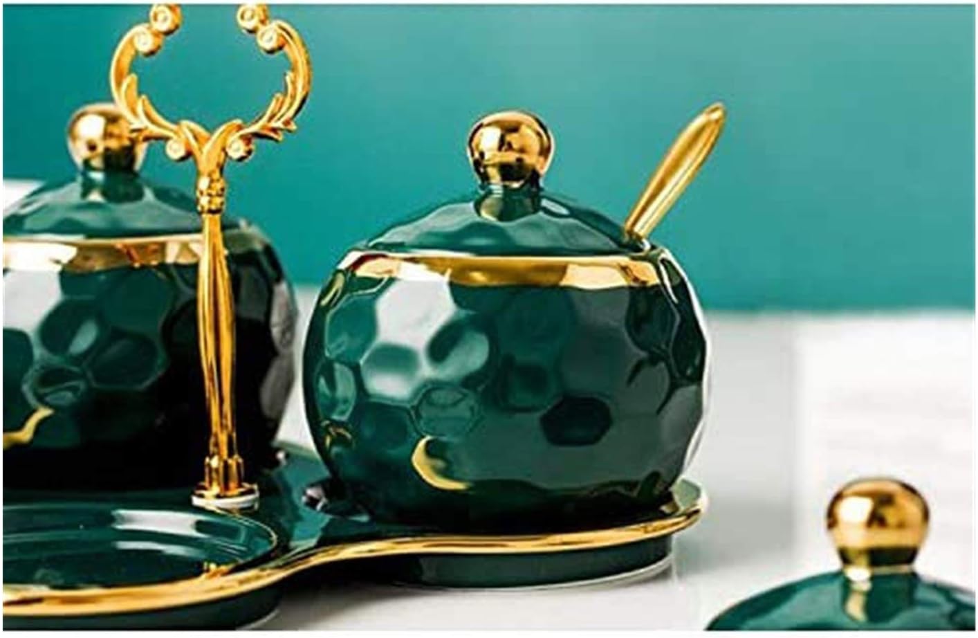 Ceramic Condiment Pots 3PCS Spice Jars with Lids Ceramic Spoons Serving Tray Sugar Bowls Salt Boxes Pepper Container Flour Box Holder for Housewarming (Color : A)