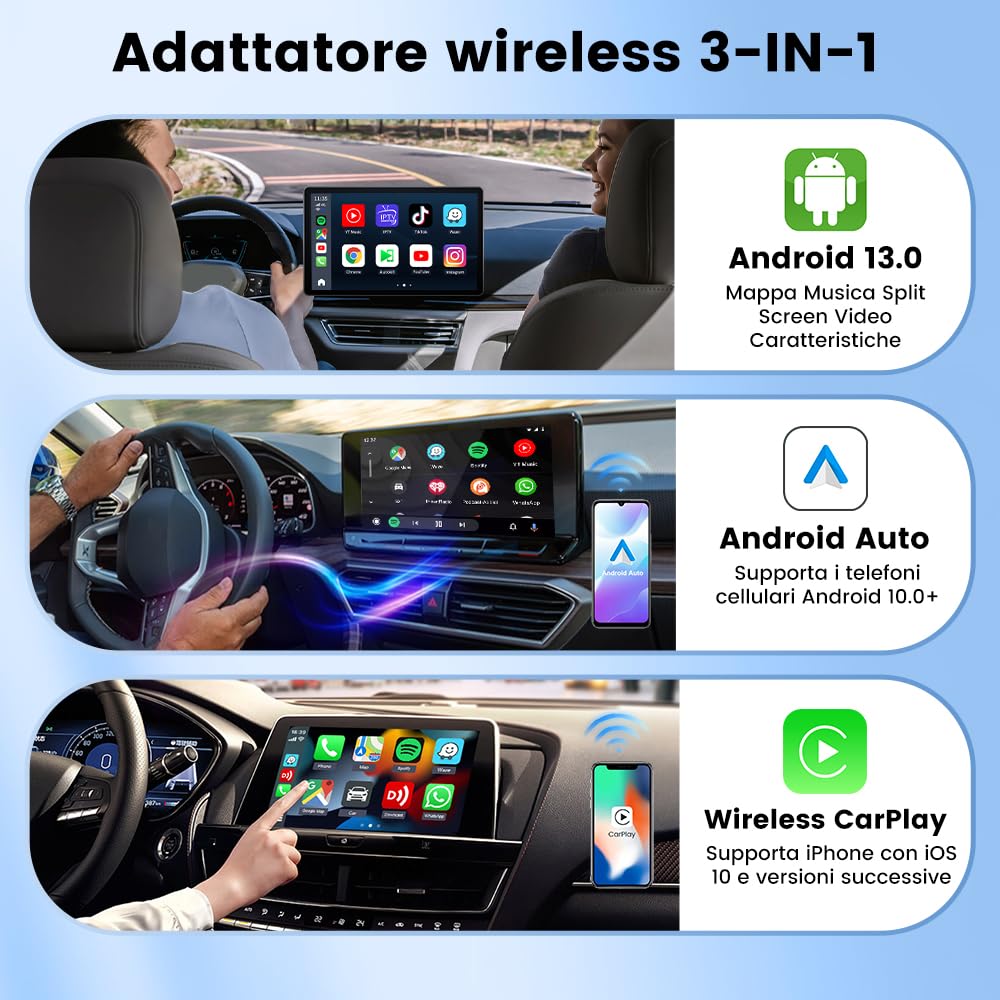 CarlinKit Multimedia 3 in1 AIBox Android 13.0 System Wireless CarPlay Adapter, per auto con cablato CarPlay/Android Auto, supporta Netflix YouTube ect