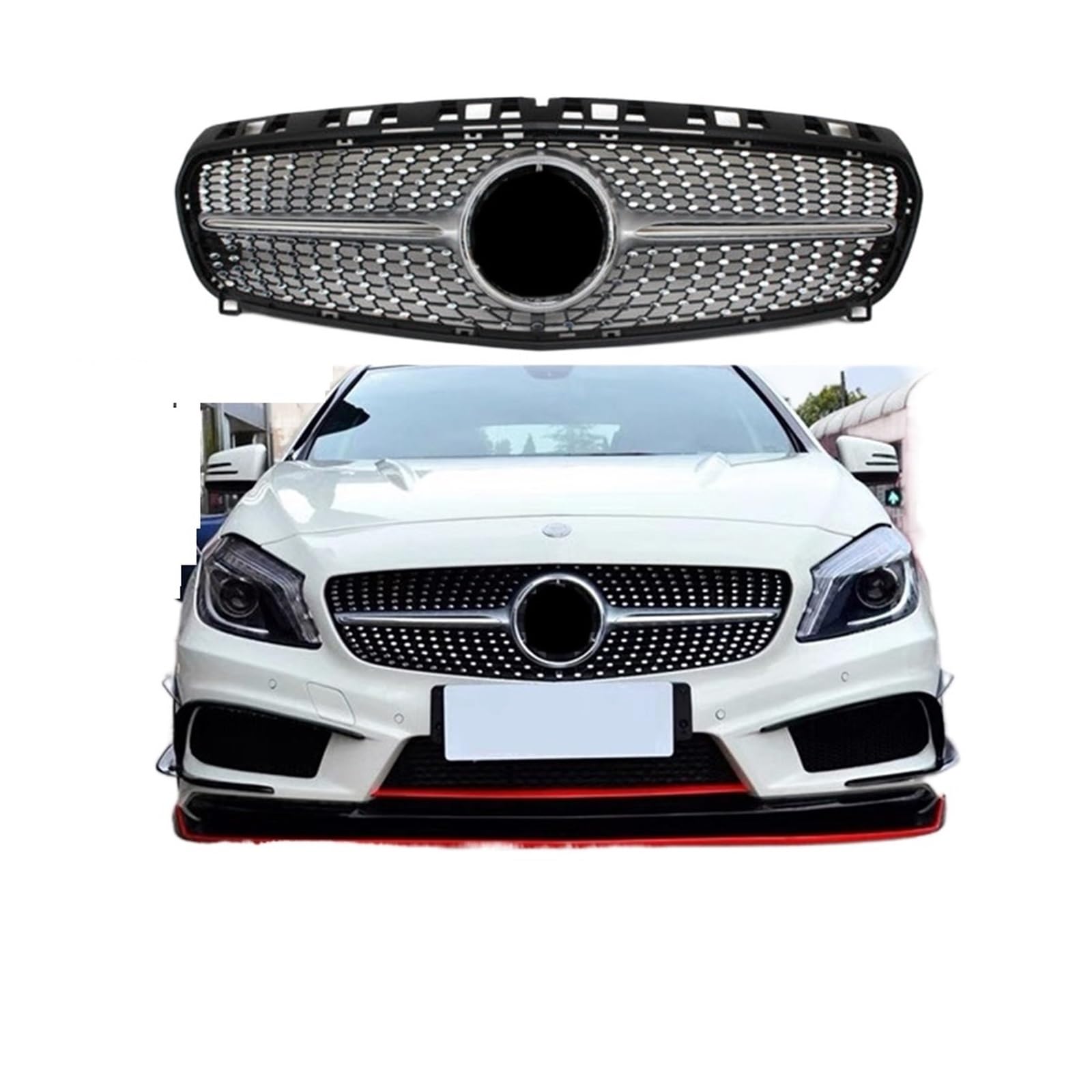 Griglia ABS Nero Argento Sostituzione Paraurti Anteriore Radiatore Diamanti Griglia Compatibile con Mercedes Classe A W176 2013-2015(Diamond Black)