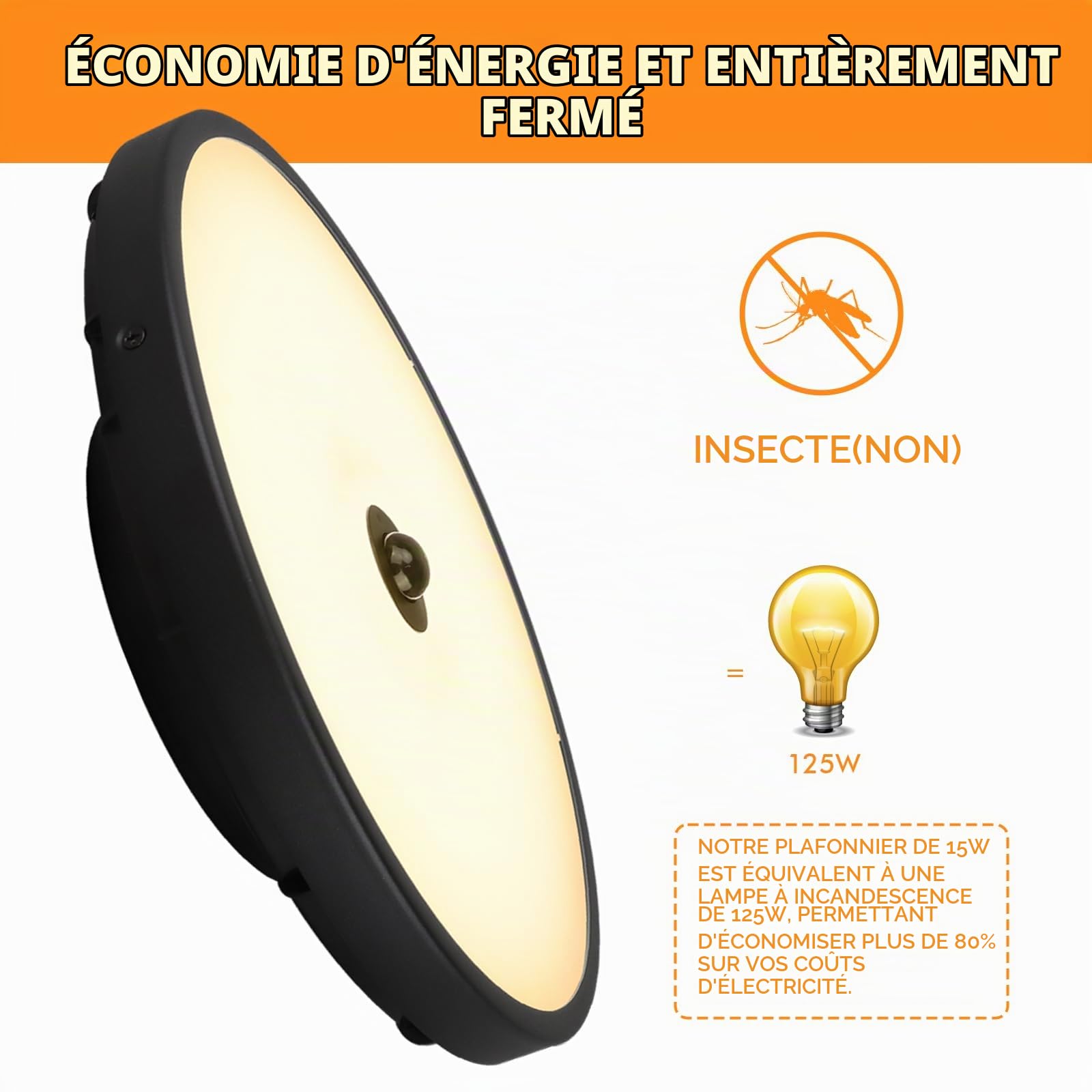 15W plafonnier exterieur avec detecteur de mouvement & Capteur Crépusculaire, Ø30CM, CRI>80, Réglable 3000K-5000K, IP65 Salle Bain, Test Salinité 168h, Résistance UV ΔE <1,5