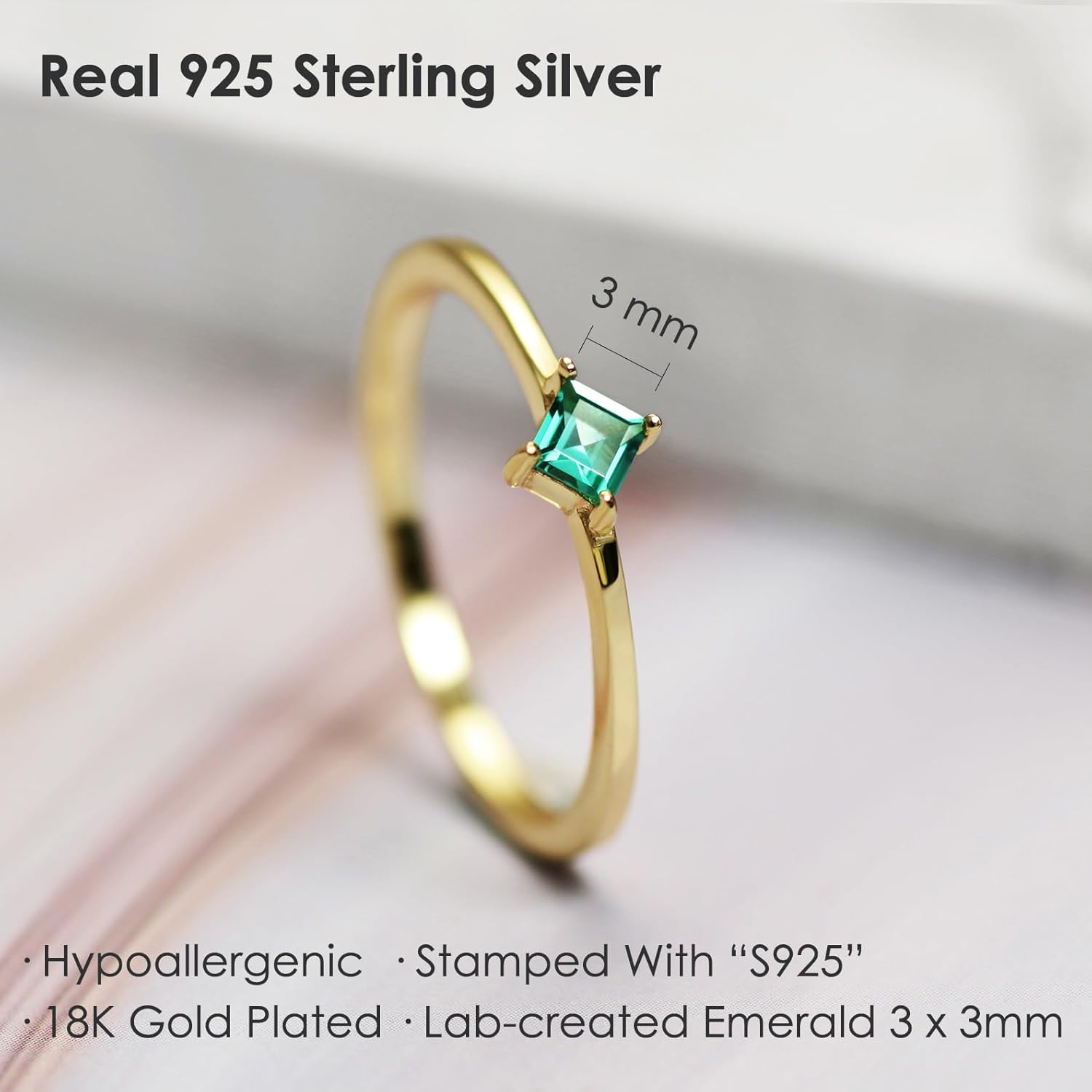 Michooyel 18K Gold Emerald Rings Simple Square Cut Dainty Delicate Rings Fine Jewelry for Women - Image 3