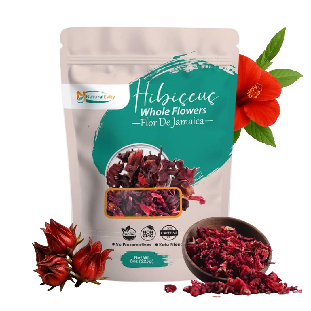 NaturalEvity Hibiscus Tea Cut & Sifted (32 oz) – Flor de Jamaica Herbal Tea Loose Leaf Hibiscus Flowers – Ayurveda Inspired, Agua de Jamaica - Antioxidant-Rich & Refreshing – Perfect for Tea Blends, Syrups & Infusions, Non-GMO