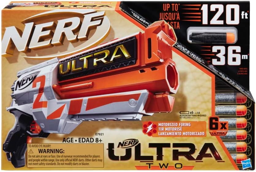 NERF Ultra Two product packaging showing features like 120ft range and motorized firing.