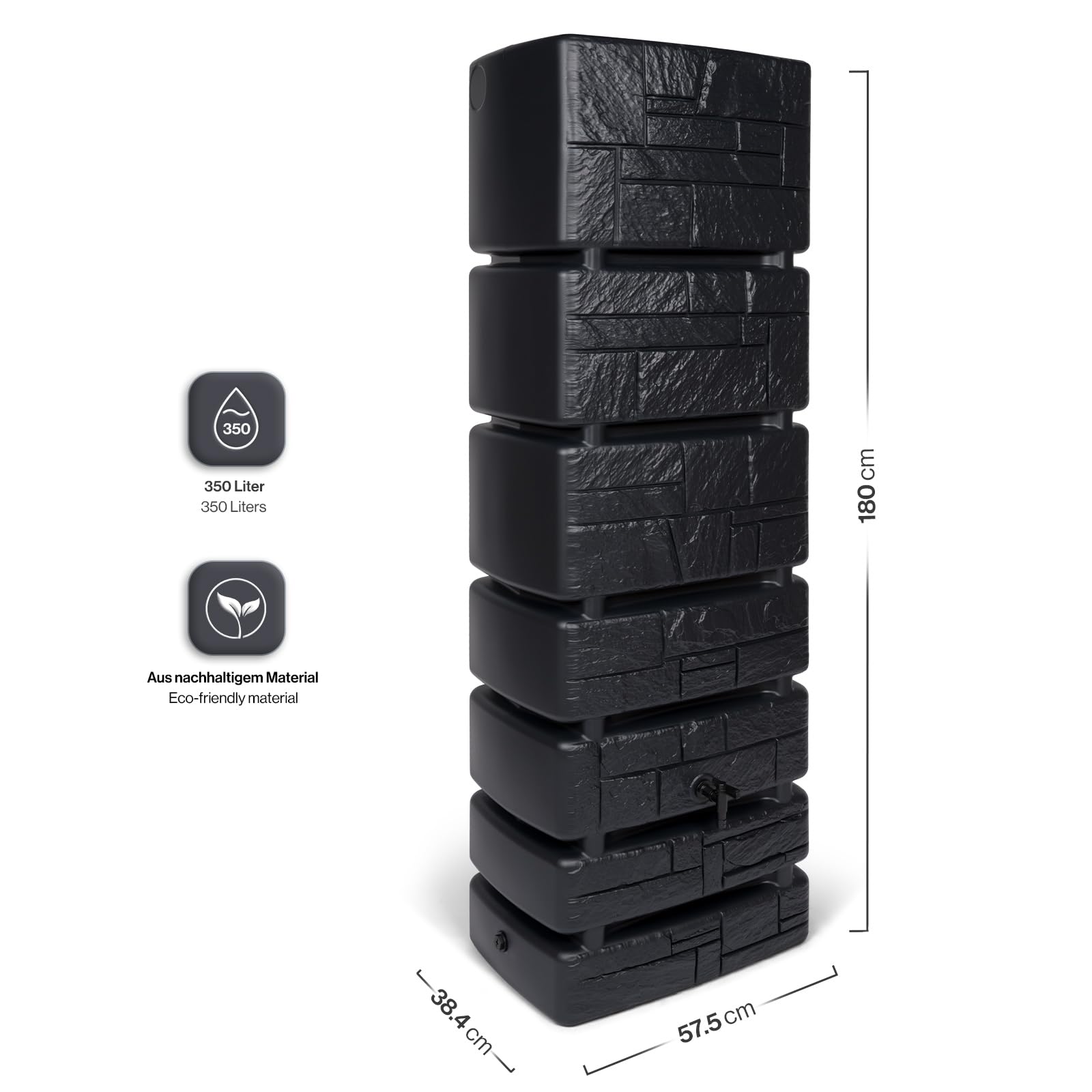 Kreher Wassertonne XXL Tower Stone mit Wasserhahn (Anthrazit) | Regentonne in Stein-Optik, 350 L, Maße 57,5 x 38,4 x 180 cm, zur Gartenbewässerung