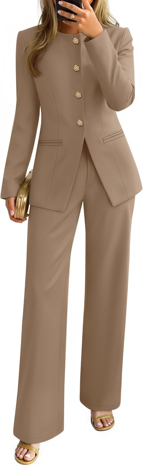 ZESICA Women's 2025 Fall Two Piece Suits Set Casual Business Long Sleeve Blazer Jacket Wide Leg Pants Work Outfits Sets