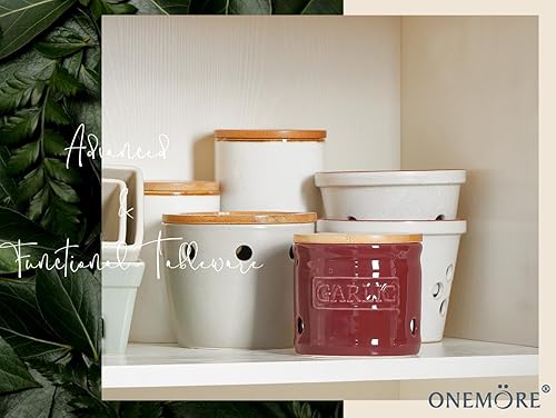 Miniatura 8 de ONEMORE Garlic Keeper con tapa, protector de ajo de cerámica de 4 pulgadas, rojo oscuro