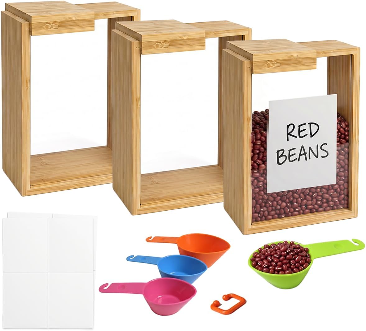3 Pcs Wooden Cereal Dispenser, FoodSafe Storage Cereal Containers with Transparent Window, Sliding Lid Stickers, Perfect for Grains, Beans Dry Food, Home Organization