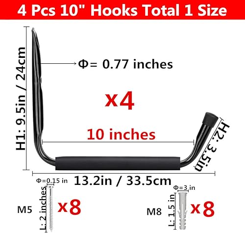 Miniatura 2 de Gancho gigante de almacenamiento de garaje resistente montado en la pared para tabla de surf, escalera, kayak, 4 ganchos de almacenamiento de garaje
