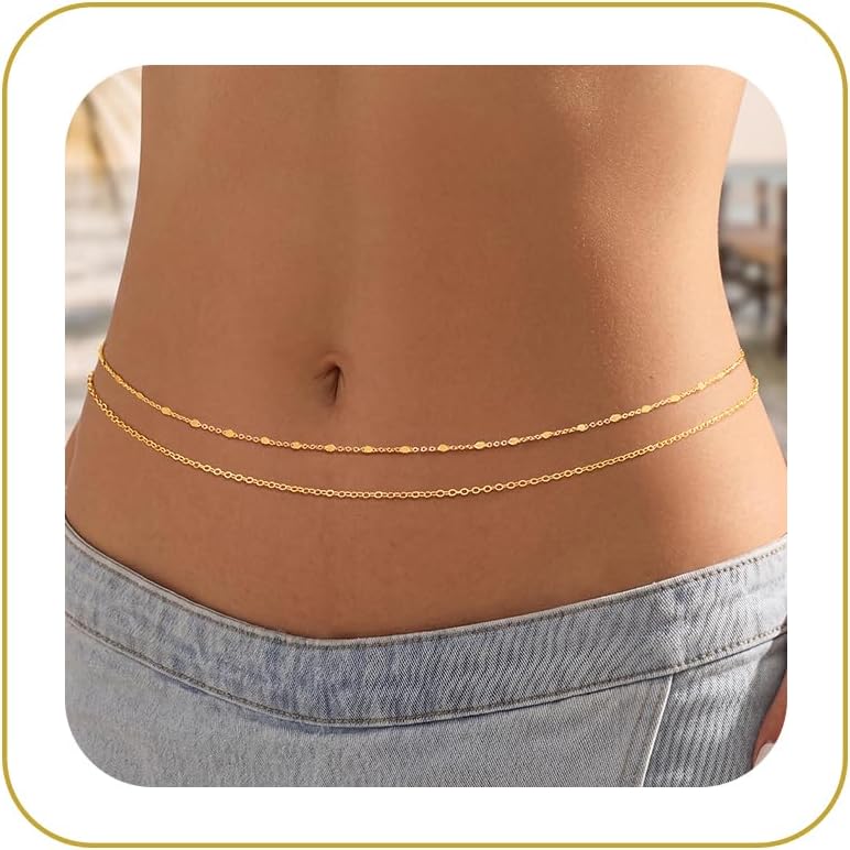 Tewiky Waist Chain for Women, 14K Gold/Silver Plated Layered Belly Belt Chains Beach Waist Beads Chain Waterproof Twist Figaro Cuban Body Chain Summer Jewelry for Women Gifts