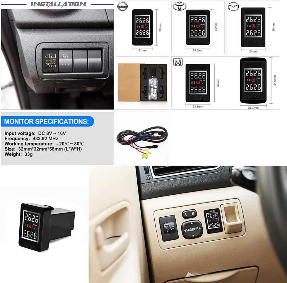 U912 Tire Pressure Monitor System TPMS Real Time Pressure Temperature 4pcs RF Sensors Internal/External Default Slot Install 5 Year Battery (Compatible for Nissan, w/4pcs External sensors)
