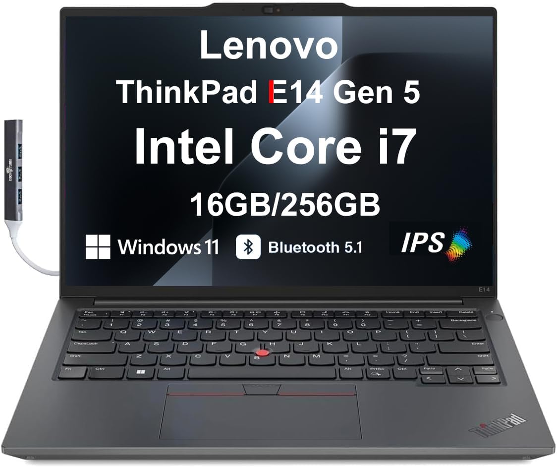 Lenovo ThinkPad E14 Gen 5 Business Laptop, 14.0″ IPS WUXGA Display (Intel Core i7-1355U (Beats AMD Ryzen 5 7535U) 16GB DDR4 RAM, 256GB PCIe NVMe SSD, WiFi 6E, Win 11 Home) w/DKZ USB Hub
