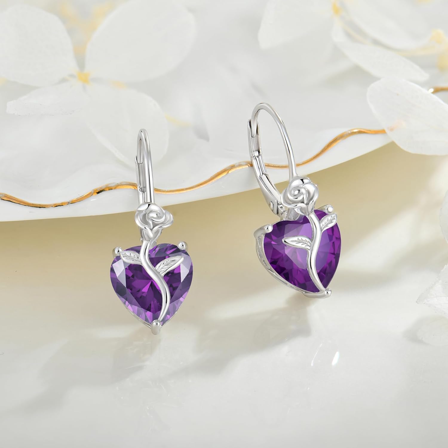FJ Heart Dangle Drop Earrings 925 Sterling Silver Rose Flower Leverback Earrings Birthstone Jewelry for Women - Image 4