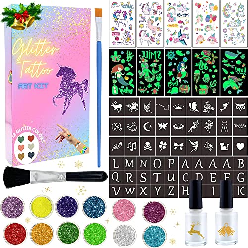 MarckersHome Kit de Tatuajes Purpurina Temporales Glitter Tattoo Studio, Unicornio Sirena Luminoso, Regalos para Niños , Adultos Fiesta
