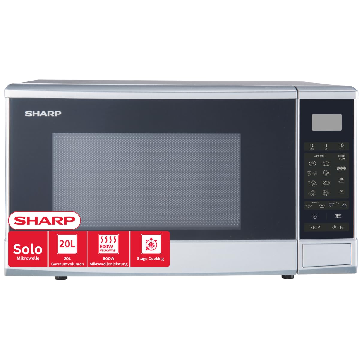 Sharp R270S microwave oven with dimensions indicated: 450mm width, 260mm height, 342mm depth. Also shows a 1000mm power cable and 12.2kg product weight.