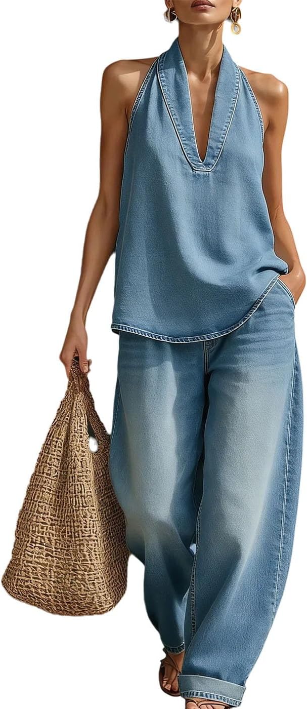 Wuitrie Denim Two Piece Set for Women V Neck Sleeveless Tops Wide Leg Pants Jean with Pockets Streetwear Casual Outfits