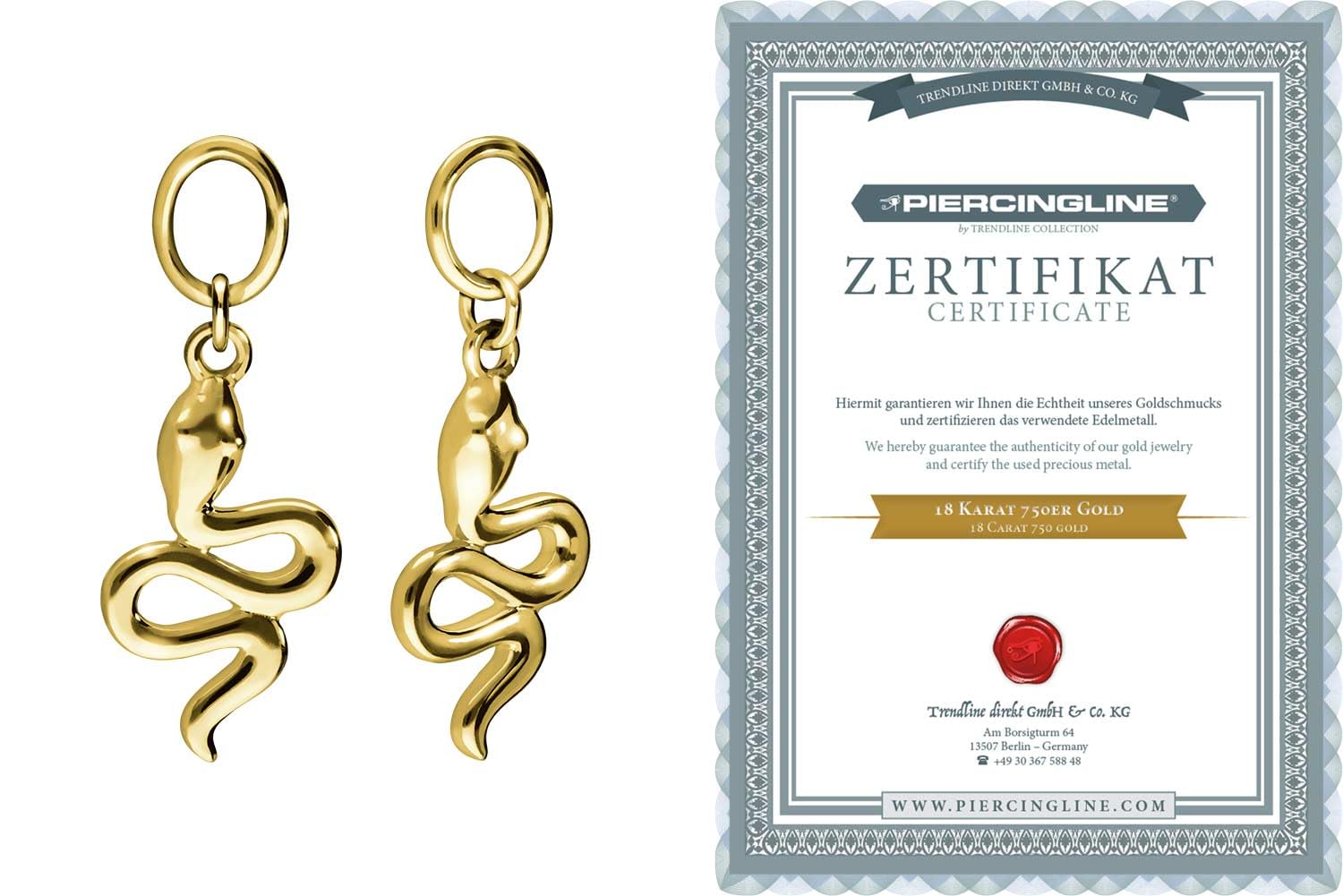 PIERCINGLINE 18 Gold Anhänger für Clicker SCHLANGE 750er Gold - Goldfarben