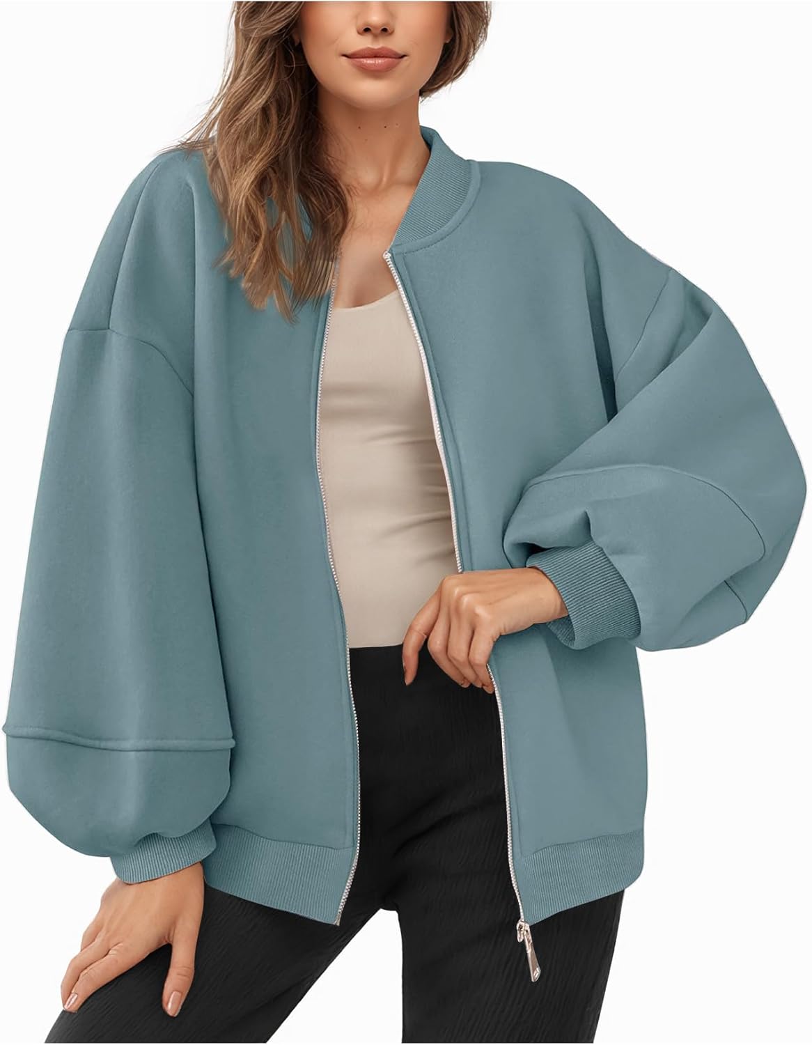 Arssm Womens Oversized Zip Up Sweatshirt Jackets Fleece Lantern Sleeve Casual Fall Bomber Jackets