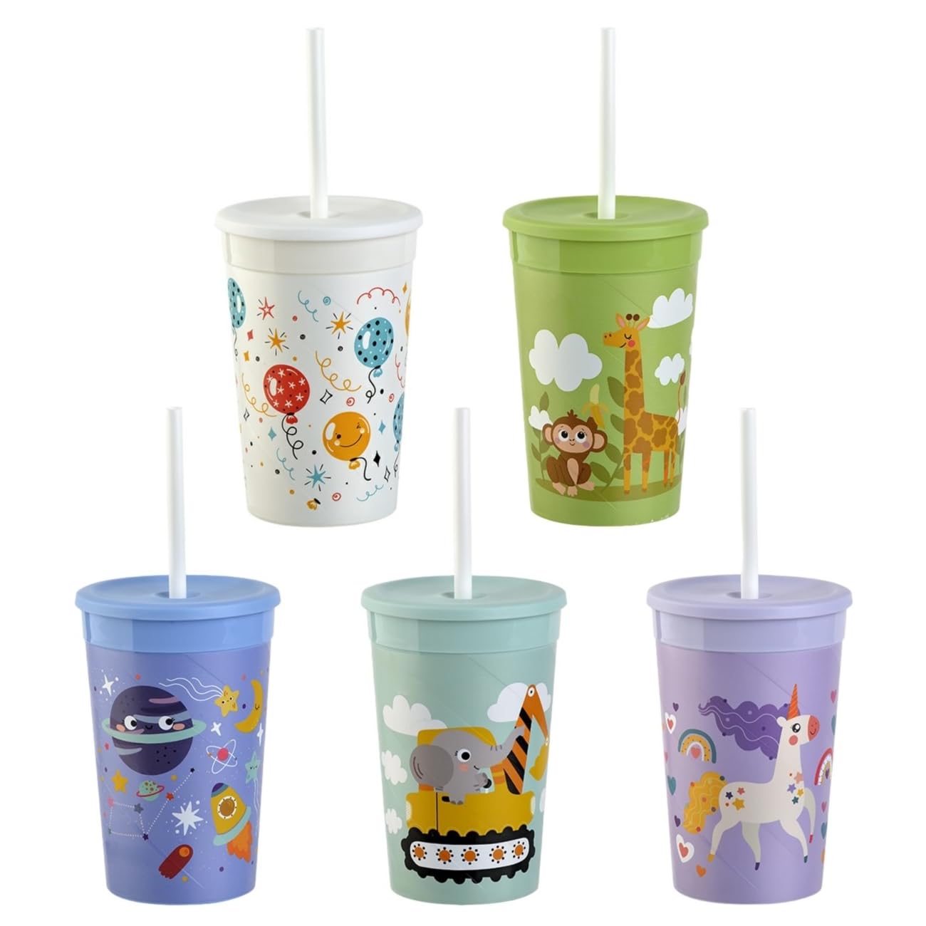 5 x Kinderbecher mit Deckel und Strohhalm, BPA-frei, Bunte Mischung, Kunstoffbecher, Trinkbecher, Party-Becher, Plastik, Trink-Gläser, Mehrweg 0,33l
