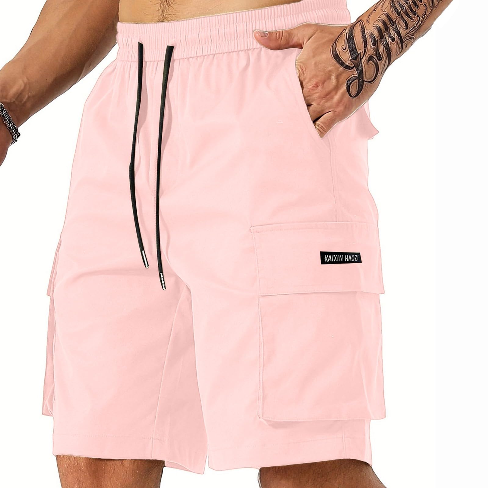 Mens Elastic Waist Shorts Casual Summer Knee Length Cargo Shorts with Pockets Lightweight Outdoor Hiking Work Short Breathable Chino Golf Short Stretch Active SweatShorts Construction Carpenter Pants