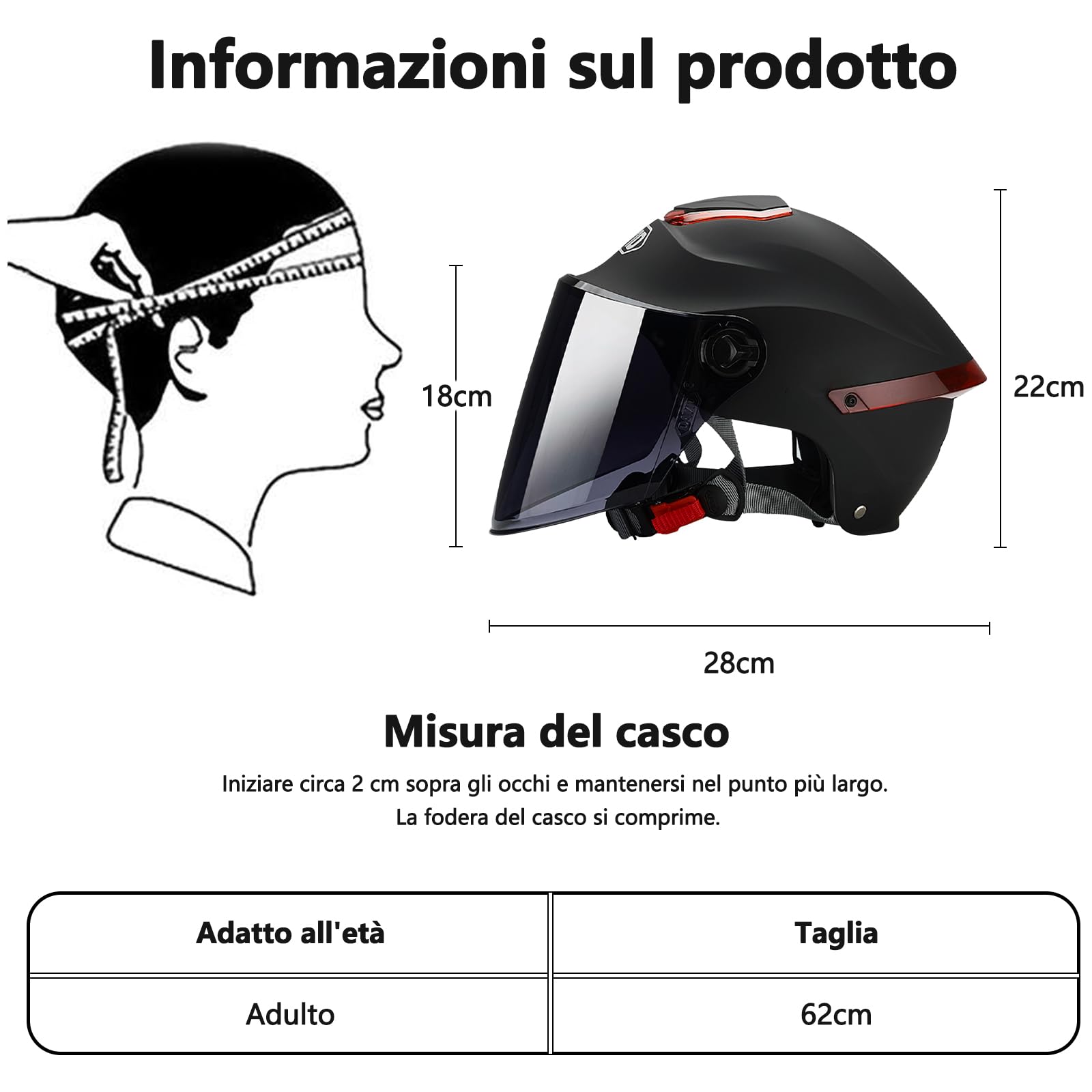 Casco Aperto Classico, Mezzo Casco Con Visiera, Fibbia a 7 Sezioni, Calotta In 709abs Combinata Con Strato Di Ammortizzazione Eps