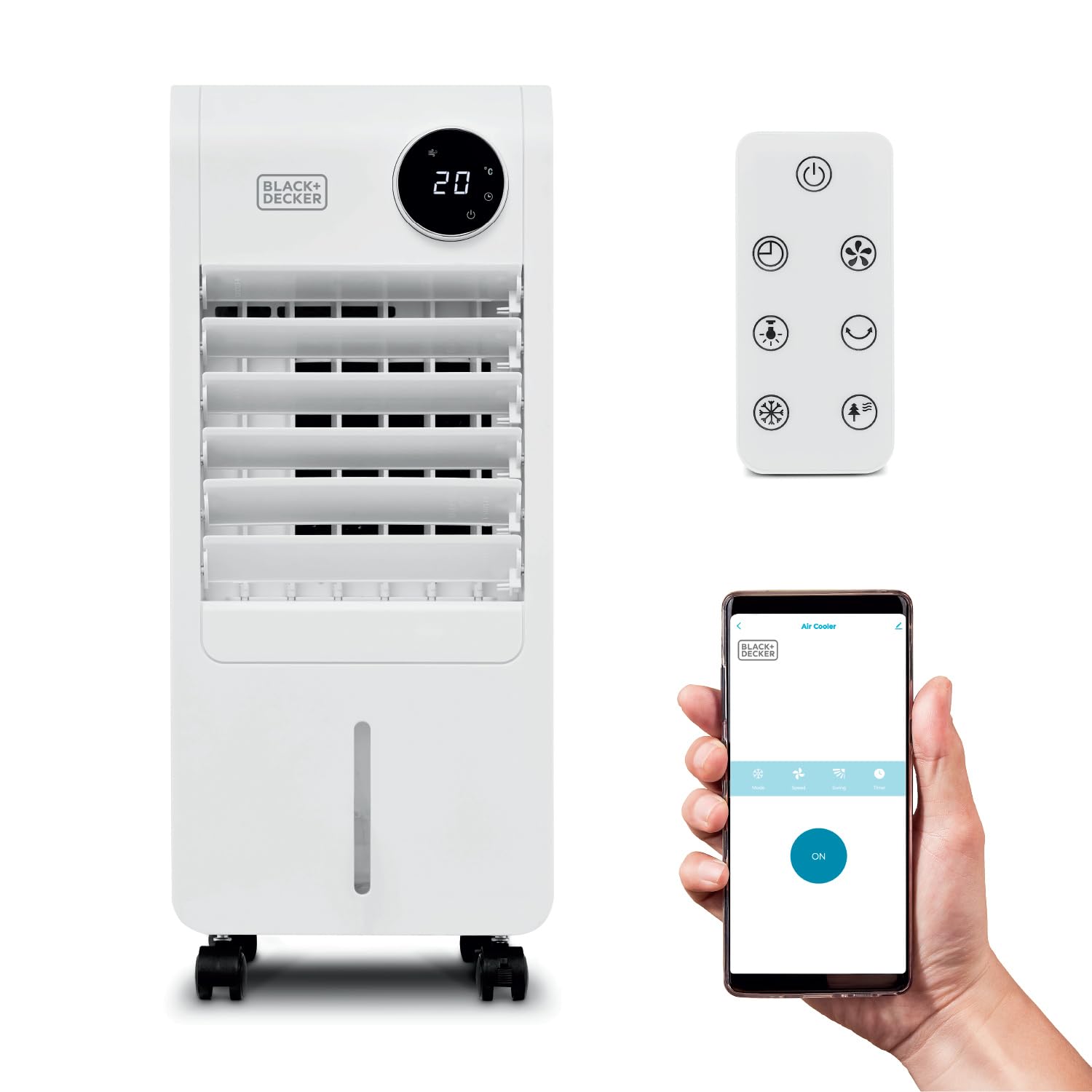 BLACK+DECKER Smart Digital Air Cooler, App & Remote Control, Weekly Programmable Timer, 3 Airflow Modes, Portable with 7L Water Tank, White, BXAC65014GB