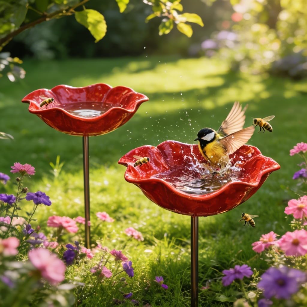2PCS Metal Flower Garden Stakes Bird Bath, Handmade Bee Watering Station, Metal Bee Water Feeder with Flower Design, Colorful Butterfly Bee Bath Bowl for Outdoor Lawn Yard Decor