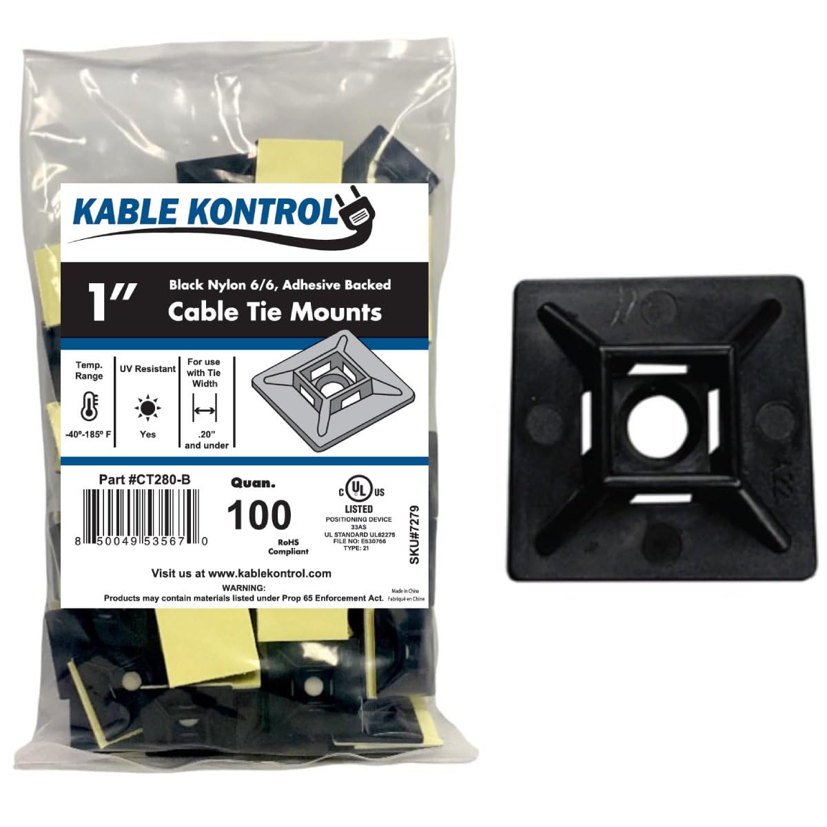 Kable Kontrol Black Zip Tie Mounts, 28 mm x 28 mm, Pack of 100 Cable Tie Adhesive Mounts Self Adhesive Base Holders with Multi-Purpose Zip Ties, Cable Holder Sticky Pads - Black
