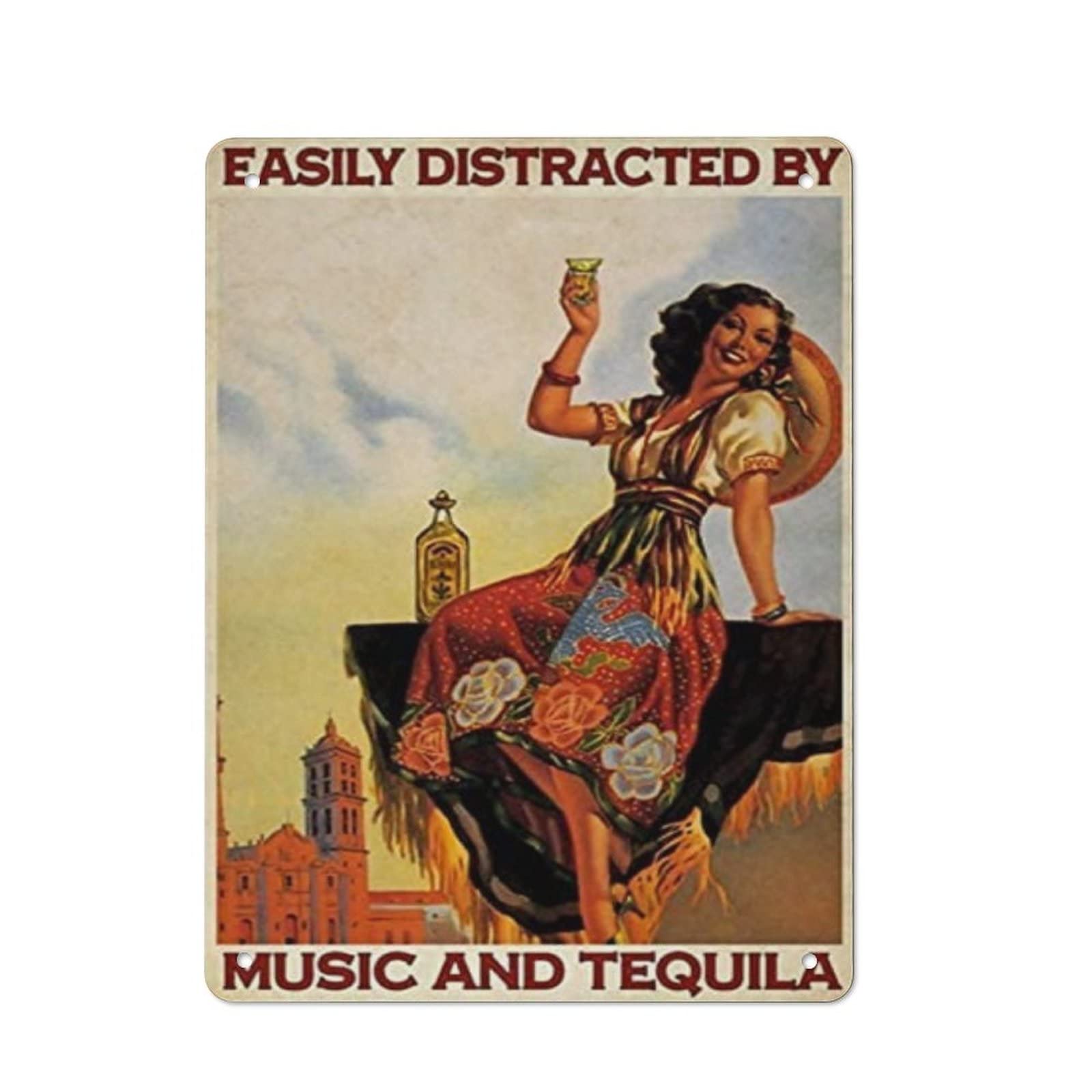 AOOEDM Easily Distracted by Music And Tequila Vintage Metal Tin Sign for Home Coffee Shop Office Wall Art Metal Poster Garage Decor Man Cave Sign Inspirational Quote Wall Decor