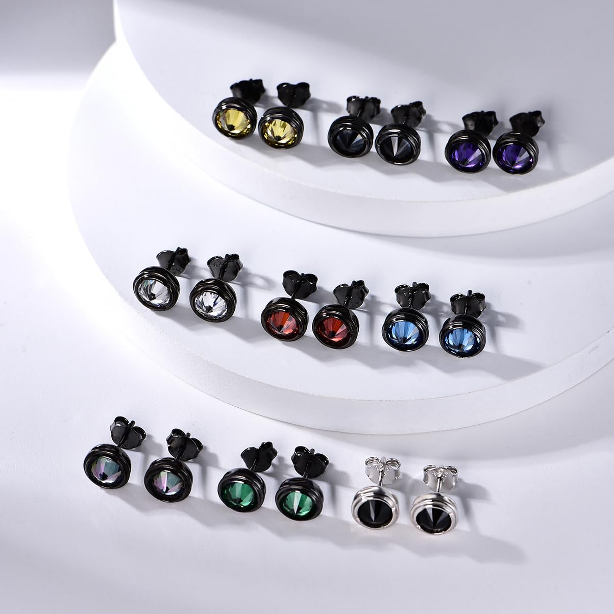 Immbird Boucles d'oreilles noires pour homme en argent avec spinelle bleu pierre de naissance unisexe bijoux petits et femmes