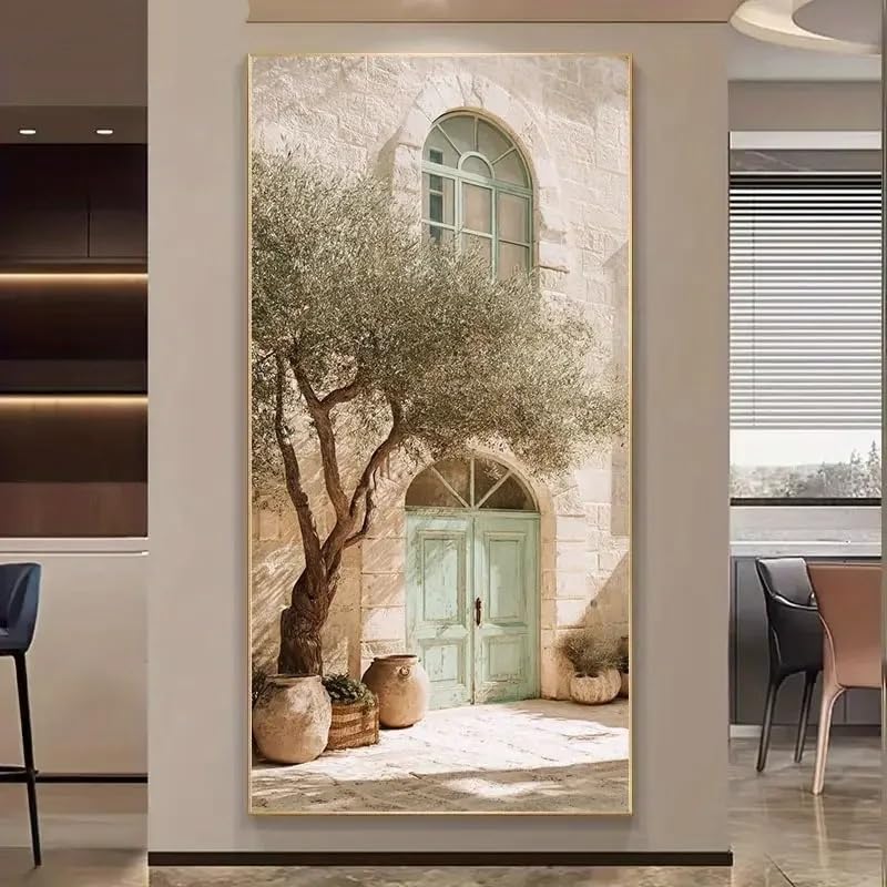 Cuadro moderno minimalista sobre lienzo, olivo y puerta arqueada, lámina decorativa para la pared, ideal para la decoración del hogar en la sala de estar (45x90cm/marco interno).