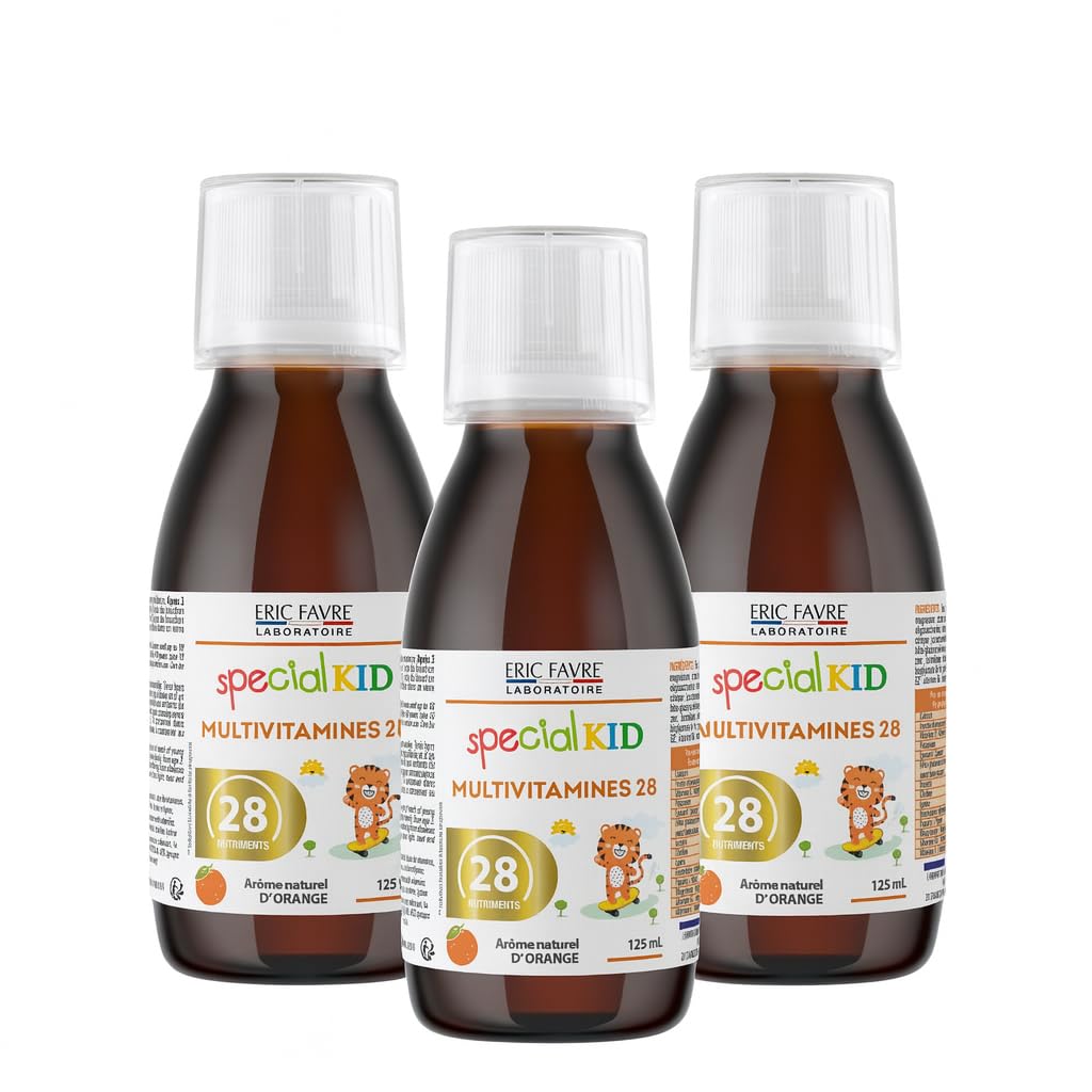 SPECIAL KID MULTIVITAMINES 28 - Croissance & Développement Osseux - 125 ml - Vitamines A, B, C, D3, E, Calcium, Magnésium, Zinc, Fer - Saveur Orange - Bouchon Doseur - Lot 3 - Eric Favre Laboratoire