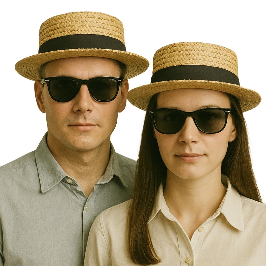 Classic Straw Boater Hat Set for Couples – 2-Piece Vintage Skimmer Hat with Ribbon Band – Matching Retro Hats for Men & Women – Fancy Dress & Summer Events Beige