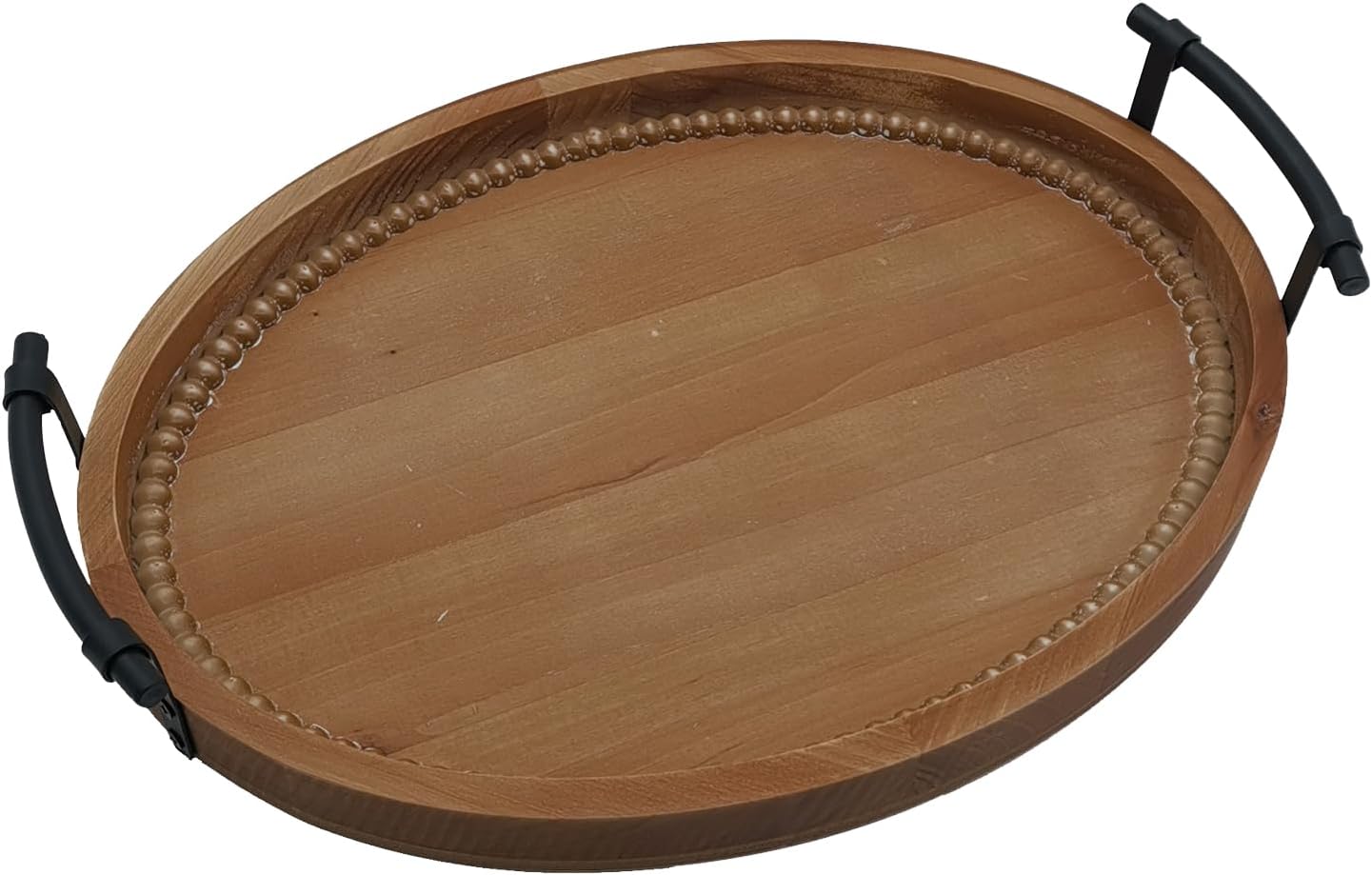 Oval Rustic Wooden Decorative Tray, Serving Tray with Metal Handles, Ottoman Coffee Table Tray, Farmhouse Centerpiece for Kitchen or Living Room (Brown)