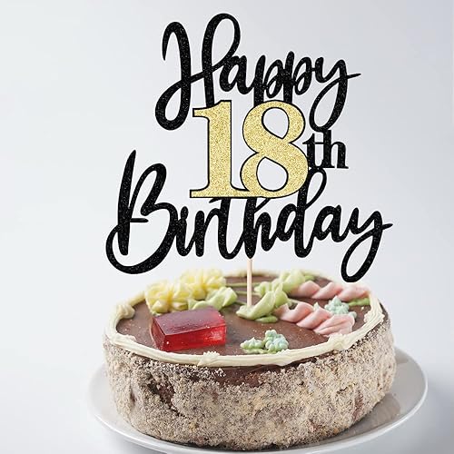 Miniatura 6 de Decoración para tarta de cumpleaños de 18 años con purpurina negra y dorada, decoración de pastel de cumpleaños de 18 años y fabuloso cumpleaños,