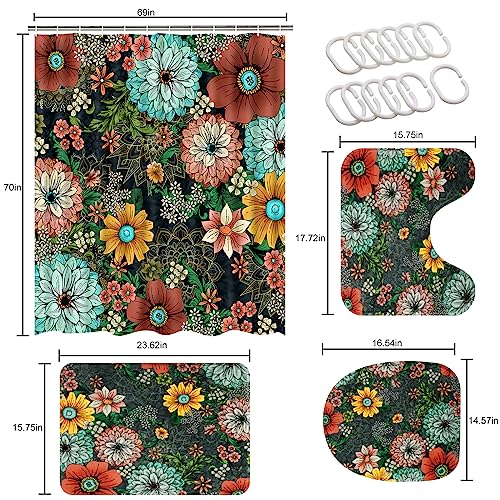 Ikfashoni 4 Pcs Bohemian Paisley Flower Shower Curtain Sets With Rugs And Toilet Lid Cover, Boho Floral Retro Funky Shower Curtain With 12 Hooks, Rustic Botanical Flowers Shower Curtain For Bathroom #TOP6