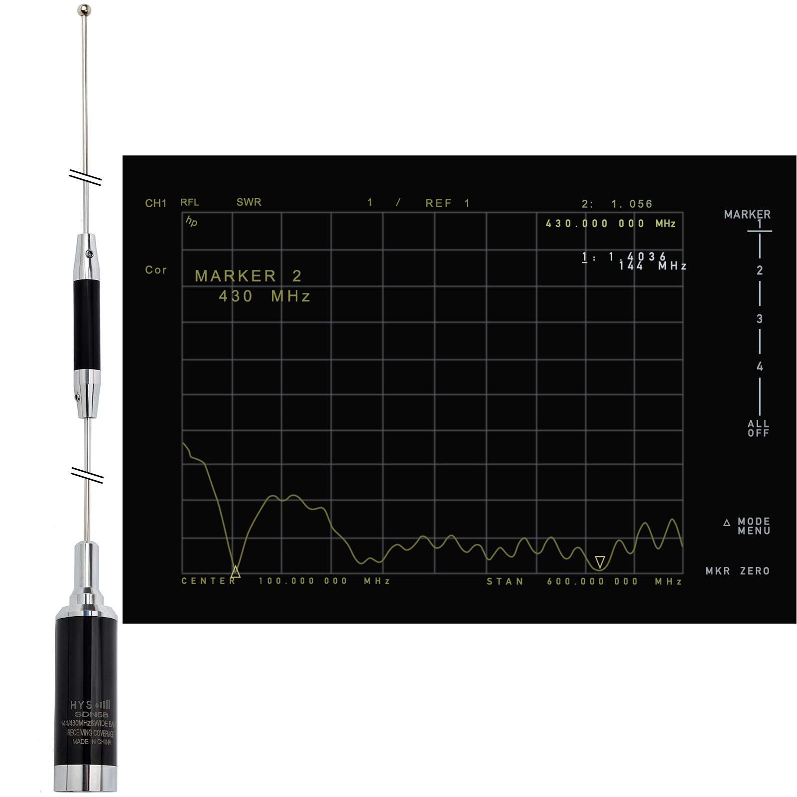 HYS Amateur Antenne double bande NMO 37,9" VHF 136-174/UHF 400-470 MHz (144/430 MHz) avec trou en L en acier inoxydable et câble coaxial RG-58 d'environ 4 m pour radio FM mobile