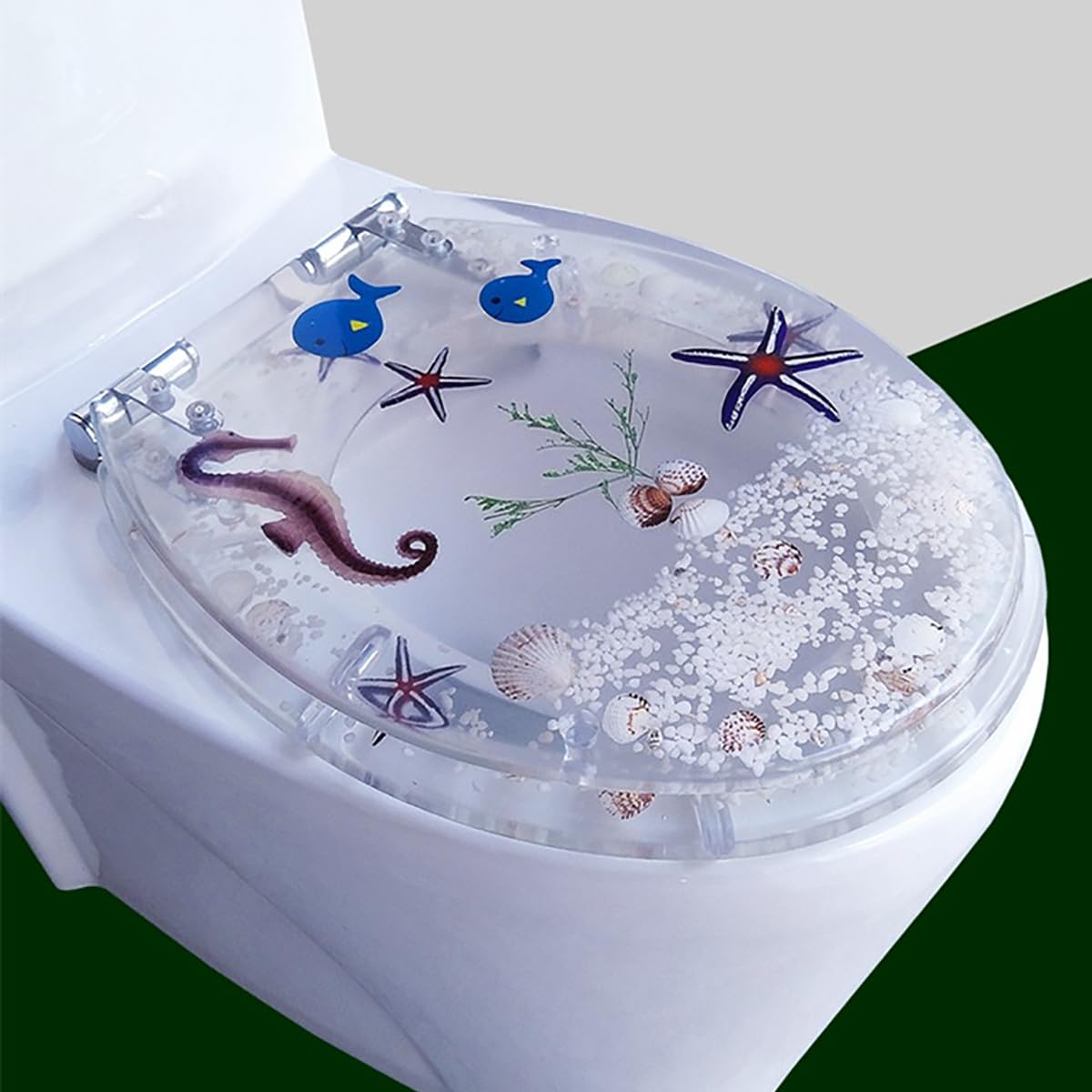 Ldhsjh E Acrylic Toilet Seat, Ocean Them, Clear Seashell Design, Heavy Duty Lid, Stainless Hinges, Adjustabl, Lightweight, Durabl, Portabl, User-Friendly, Compact, Slow, Clos, Transparent, Resin