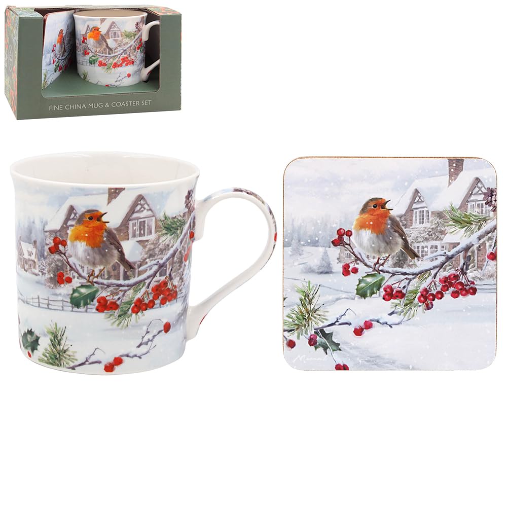 The Leonardo Collection Women's Red Or Green Christmas Robins Mug & Coaster For Hot Drinks | Reusable Fine China Coffee Cups For Kitchen & Home | Printed Tea Mugs For Every Occasion | Durable Cup For All Type Of Beverages